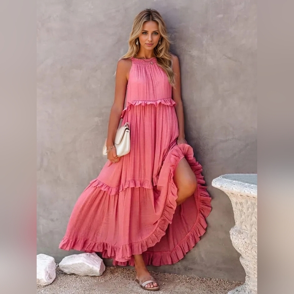 Ruffled Sleeveless Tiered Maxi Dress with Pockets - Picture 1 of 6